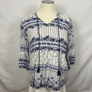 Women's Peasant 3/4 Bell Sleeve Shirt Est. 1946 Blouse Size 18/20 Blue Flowers